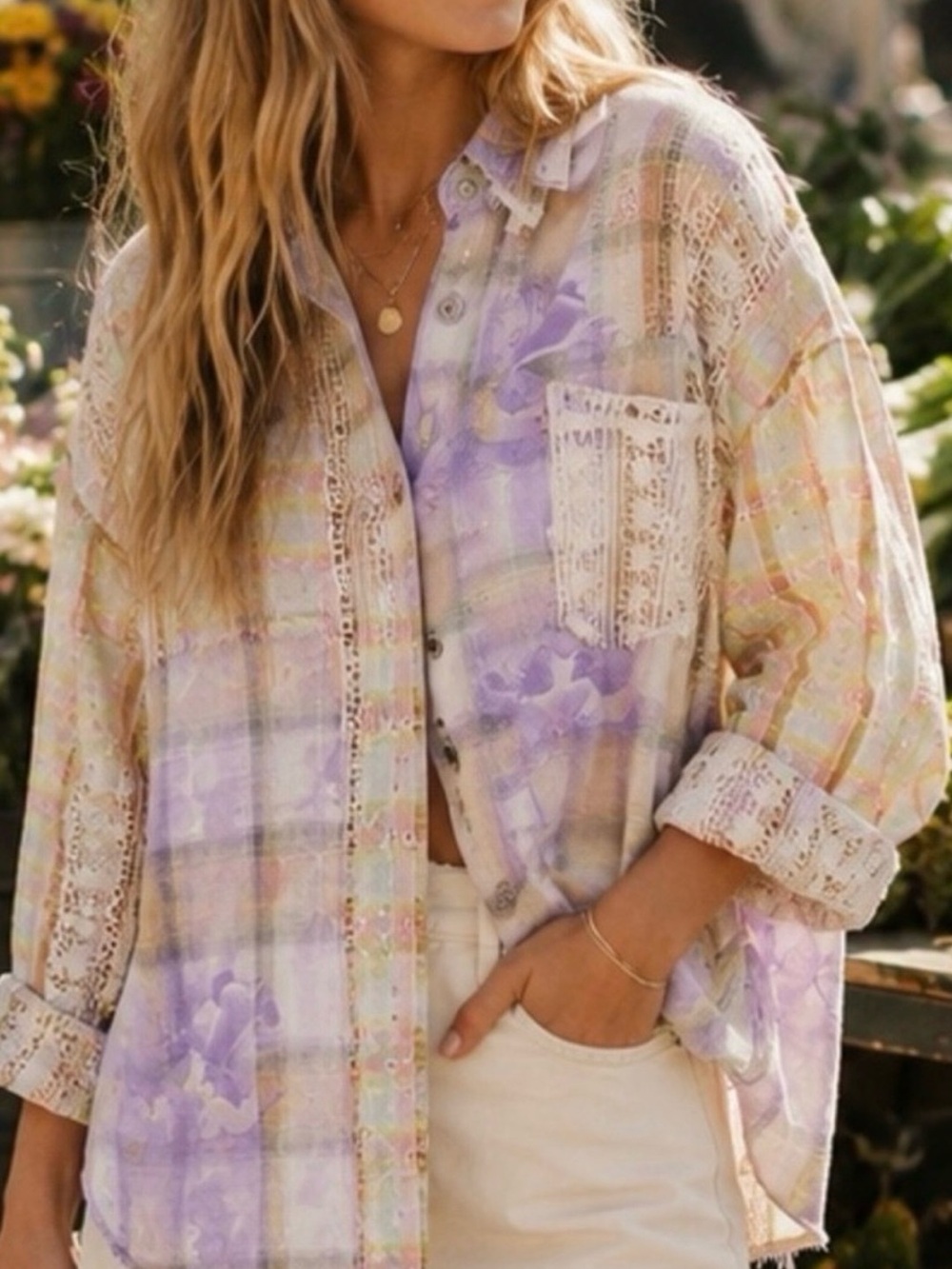 POL Women's Farmers Market Lavender Plaid Button-Up Shirt Medium